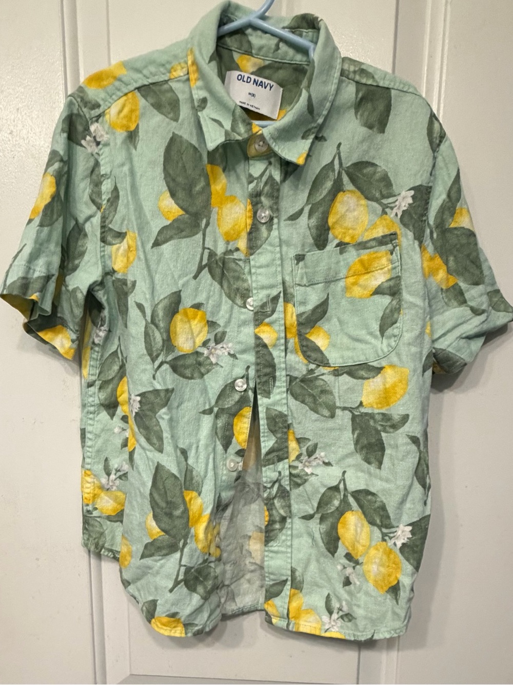 Pre-Owned Old Navy Boys Short-Sleeve Linen Button-Down w/Yellow Lemon Size 8